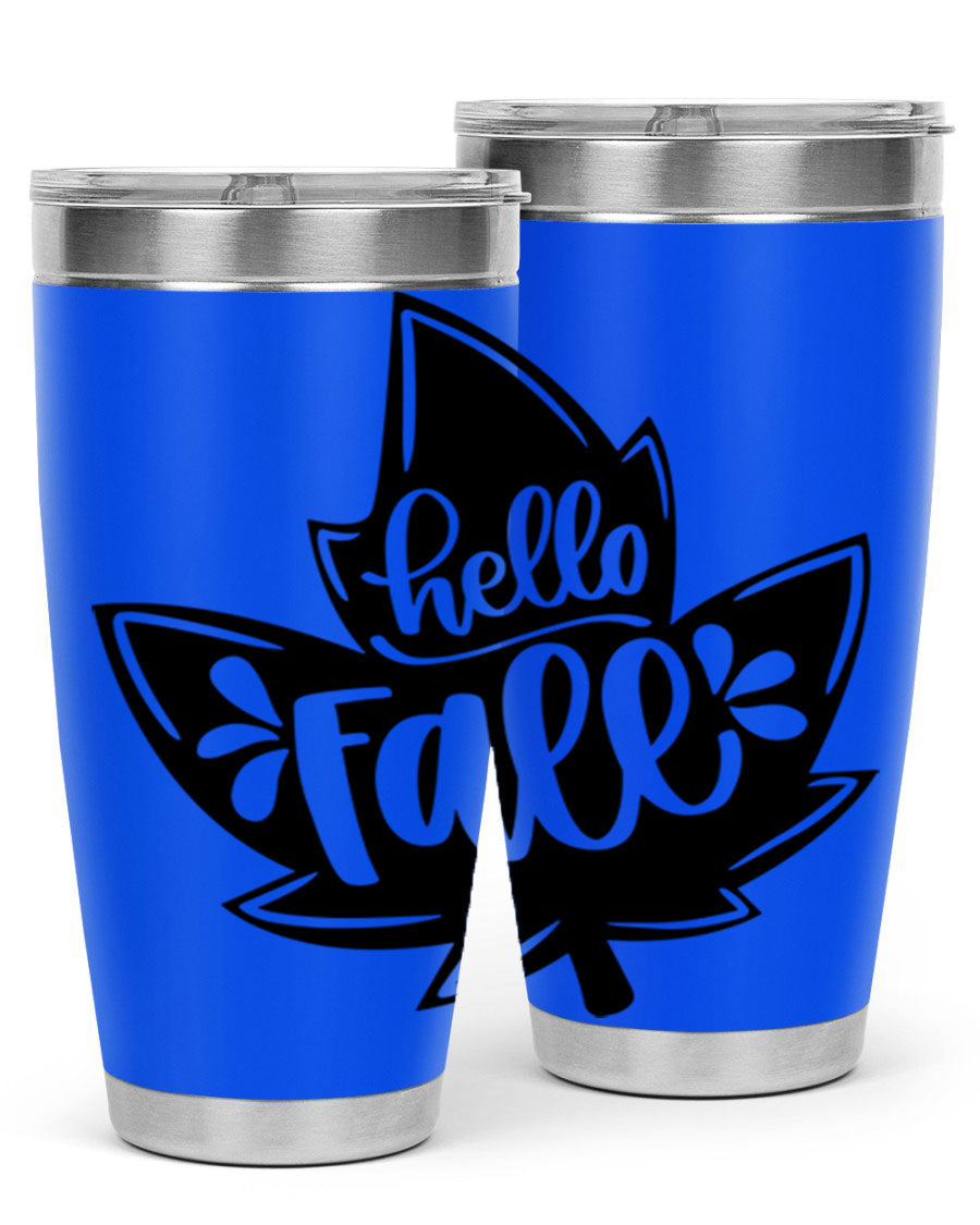 Hello Fall 494# Tumbler in 20oz and 30oz sizes, showcasing double wall vacuum stainless steel design with a seasonal print.
