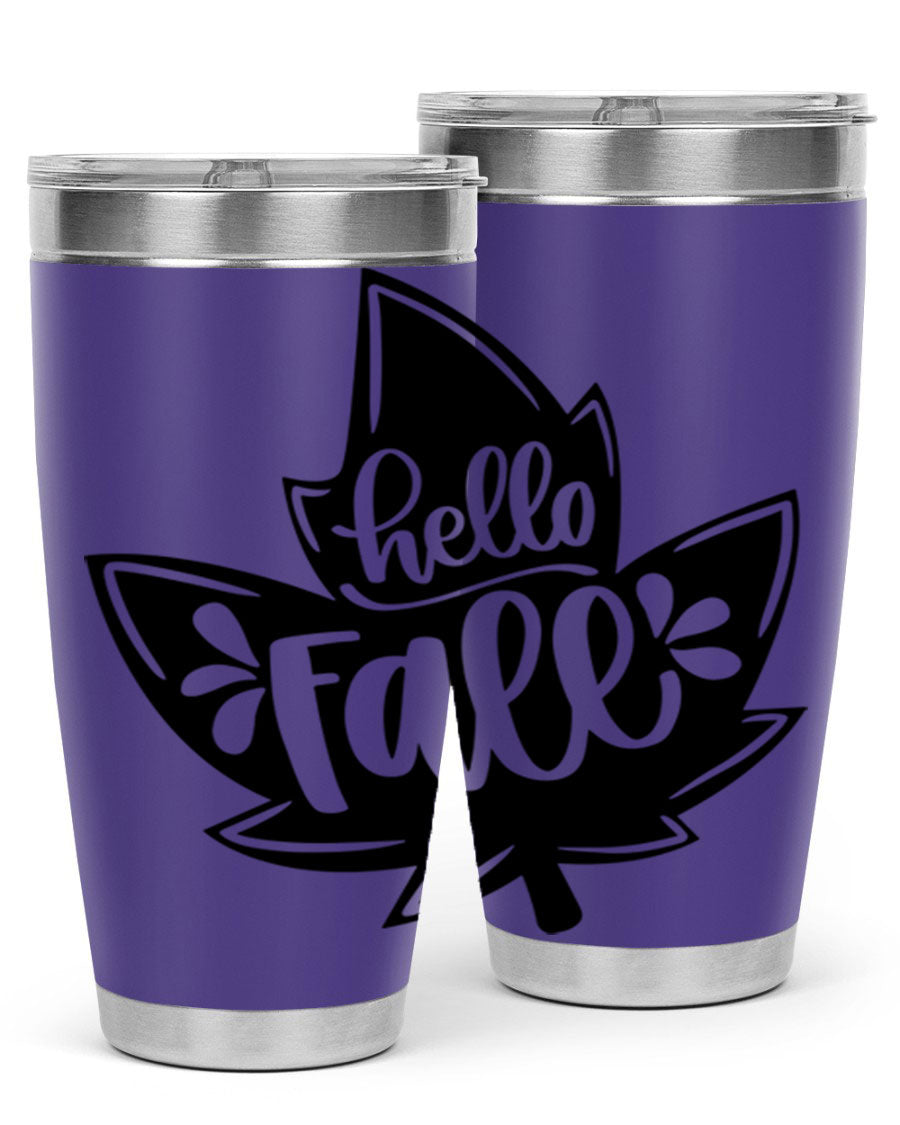 Hello Fall 494# Tumbler in 20oz and 30oz sizes, showcasing double wall vacuum stainless steel design with a seasonal print.