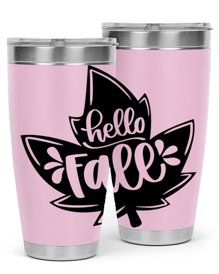 Hello Fall 494# Tumbler in 20oz and 30oz sizes, showcasing double wall vacuum stainless steel design with a seasonal print.