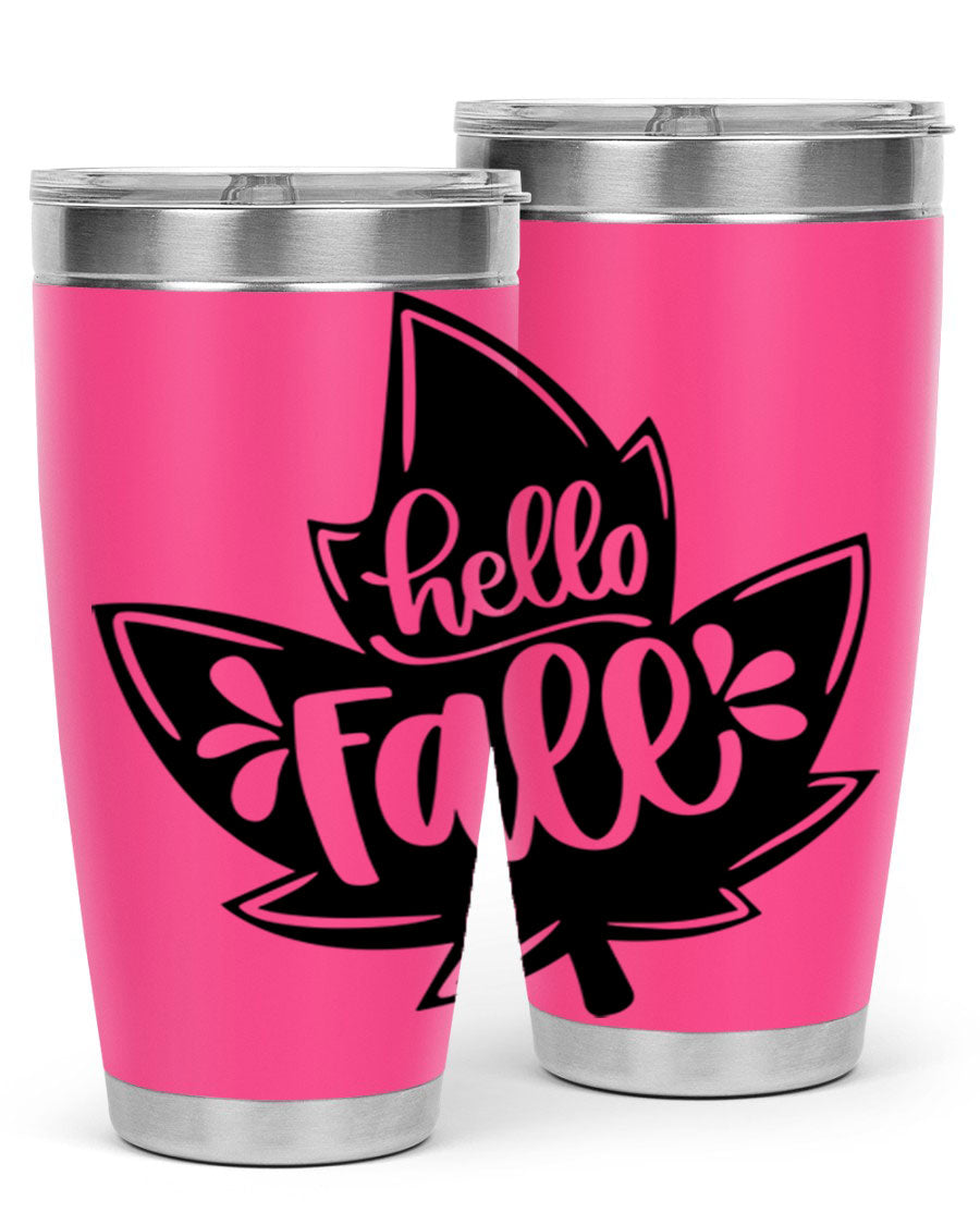 Hello Fall 494# Tumbler in 20oz and 30oz sizes, showcasing double wall vacuum stainless steel design with a seasonal print.