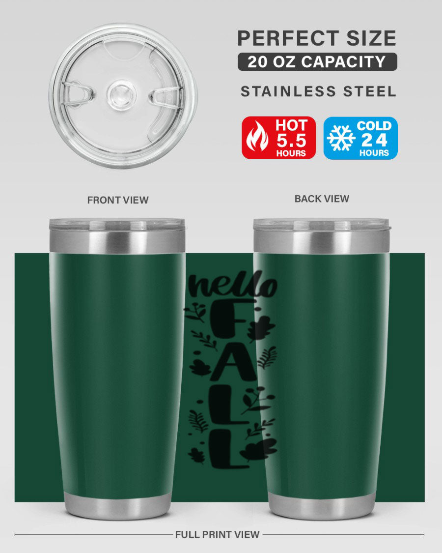 Hello Fall 495# 20oz tumbler featuring double wall vacuum stainless steel with copper lining, designed for hot and cold beverages.