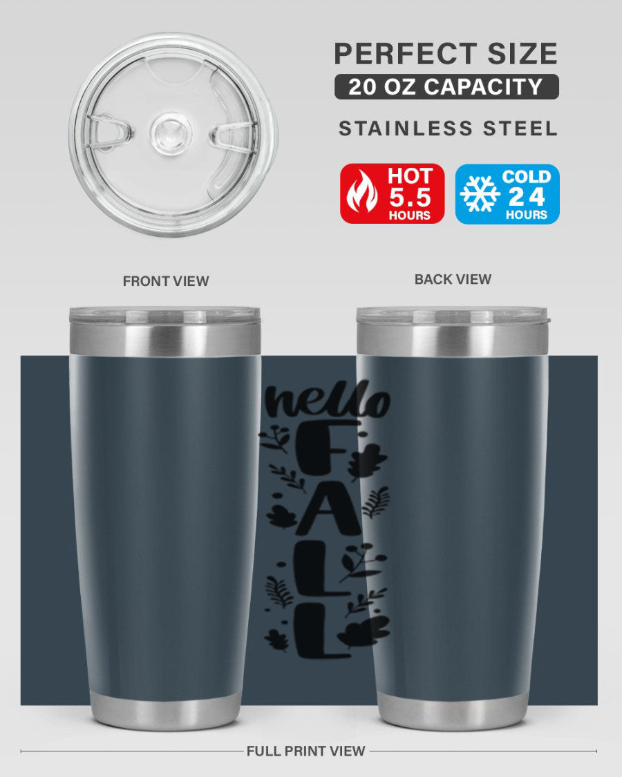 Hello Fall 495# 20oz tumbler featuring double wall vacuum stainless steel with copper lining, designed for hot and cold beverages.