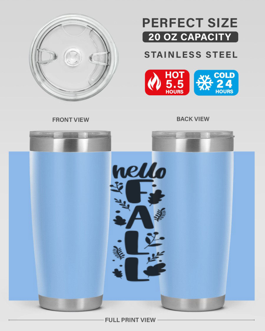 Hello Fall 495# 20oz tumbler featuring double wall vacuum stainless steel with copper lining, designed for hot and cold beverages.
