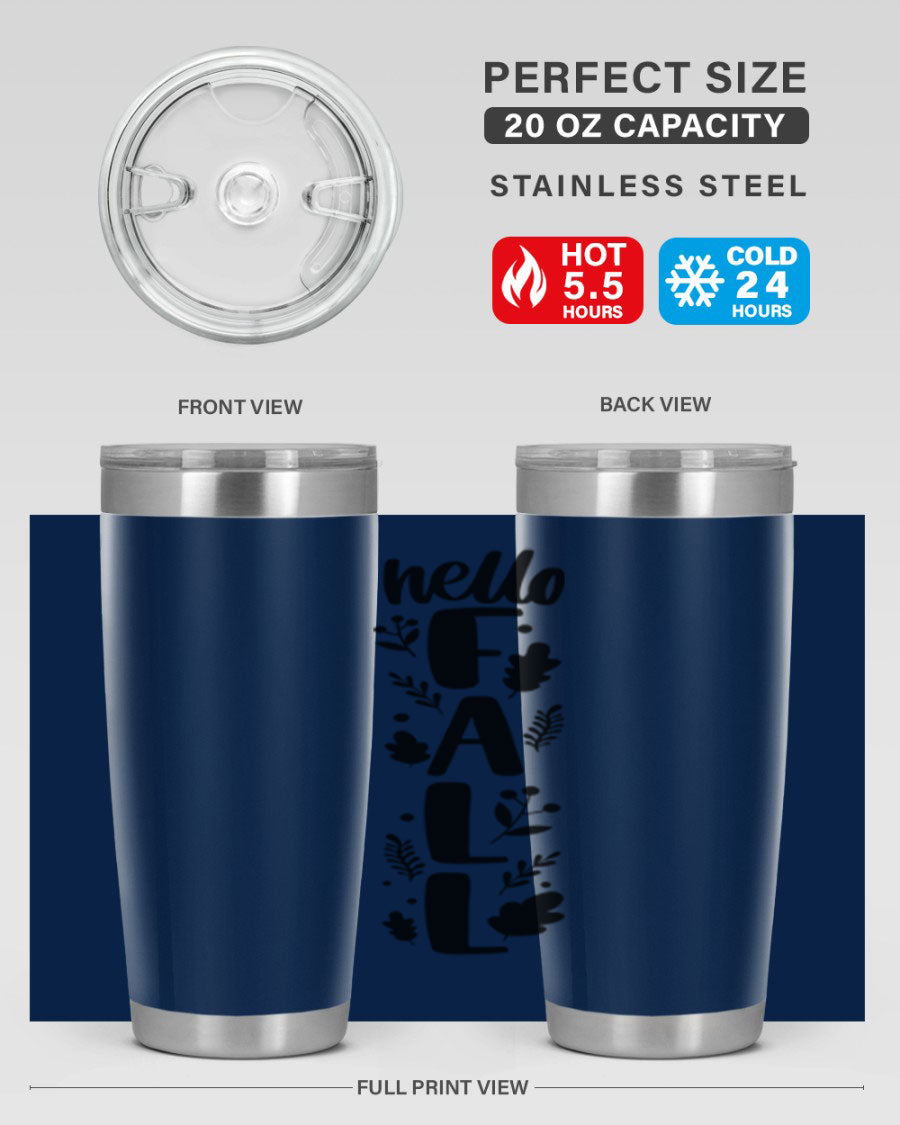 Hello Fall 495# 20oz tumbler featuring double wall vacuum stainless steel with copper lining, designed for hot and cold beverages.