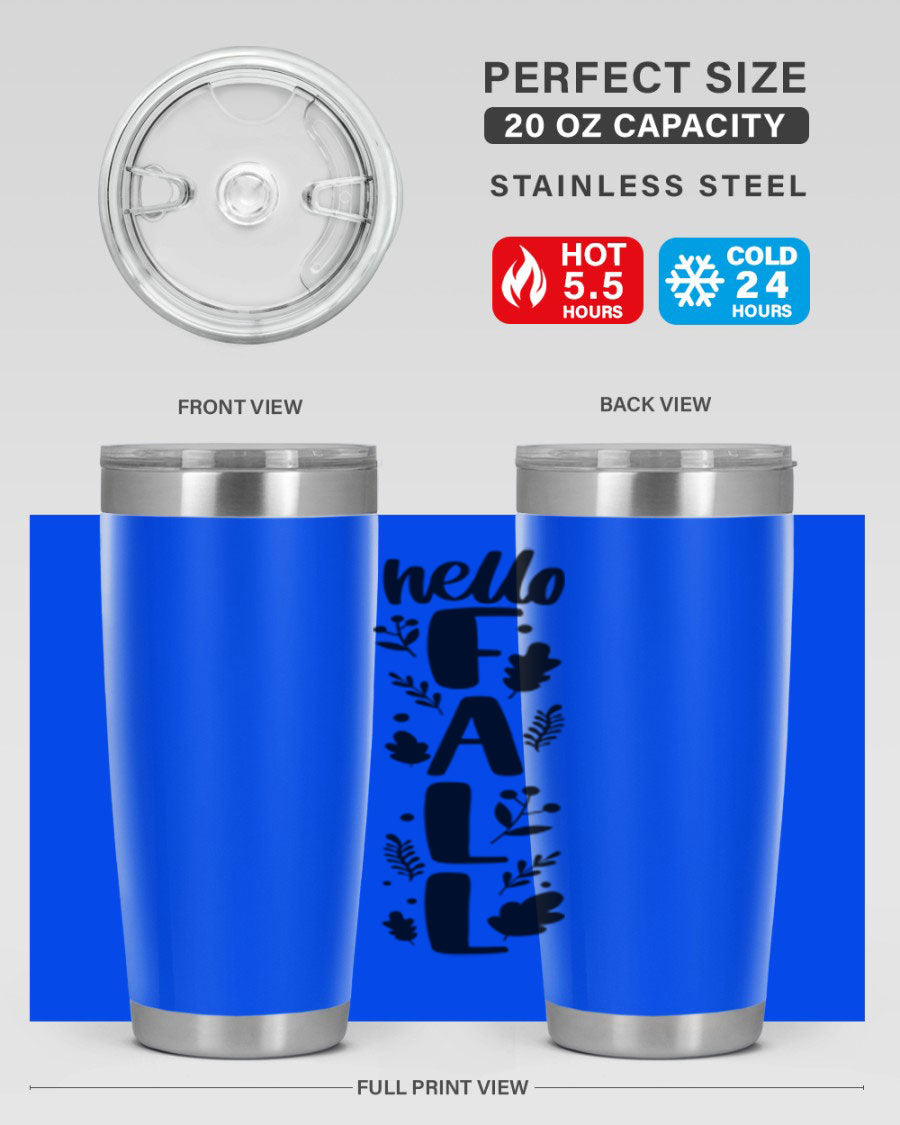 Hello Fall 495# 20oz tumbler featuring double wall vacuum stainless steel with copper lining, designed for hot and cold beverages.