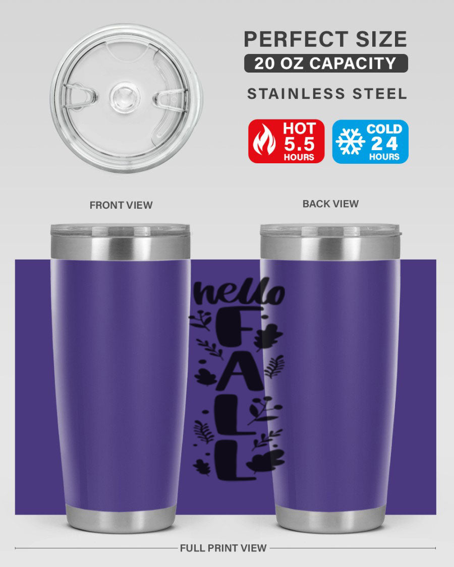 Hello Fall 495# 20oz tumbler featuring double wall vacuum stainless steel with copper lining, designed for hot and cold beverages.