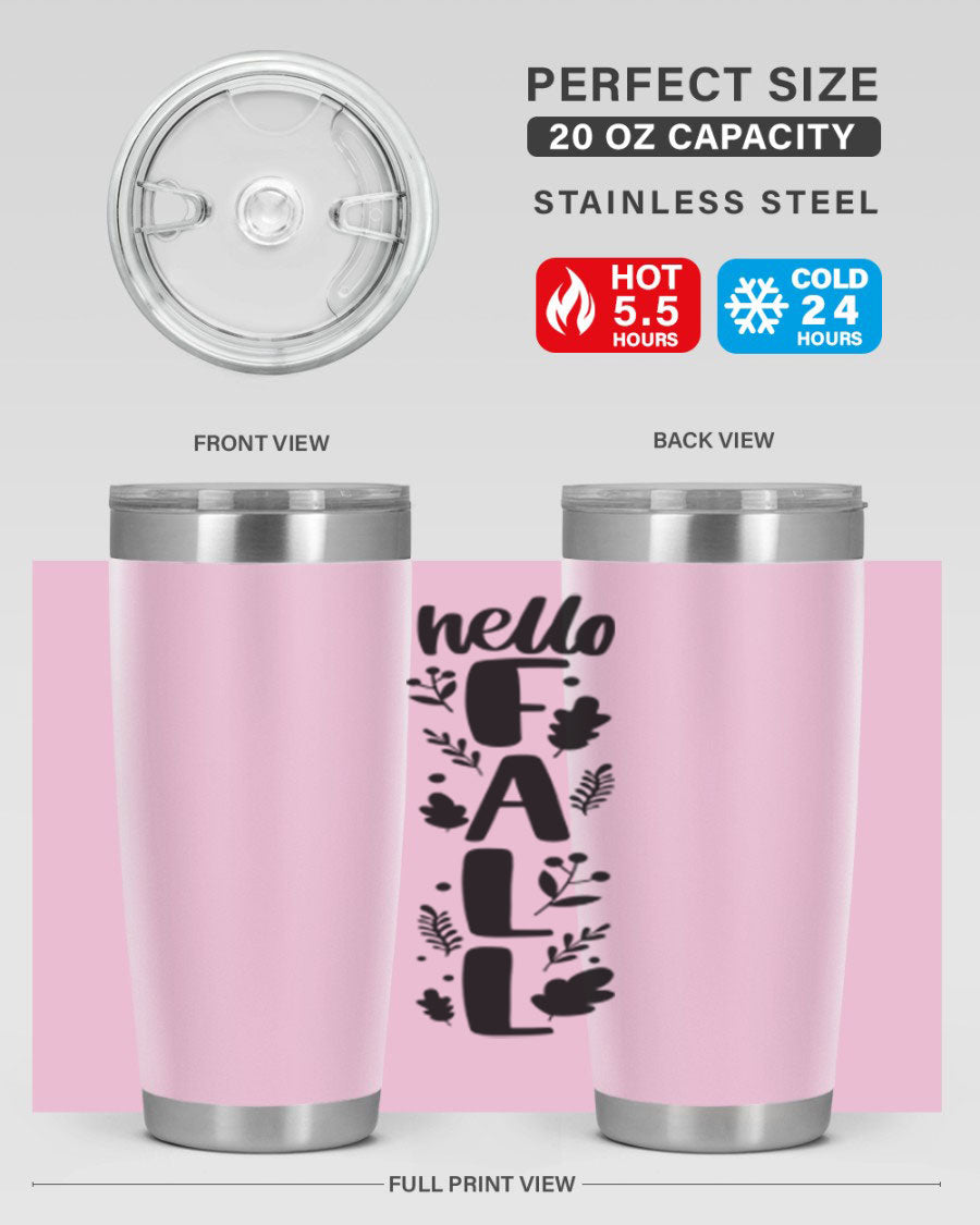 Hello Fall 495# 20oz tumbler featuring double wall vacuum stainless steel with copper lining, designed for hot and cold beverages.