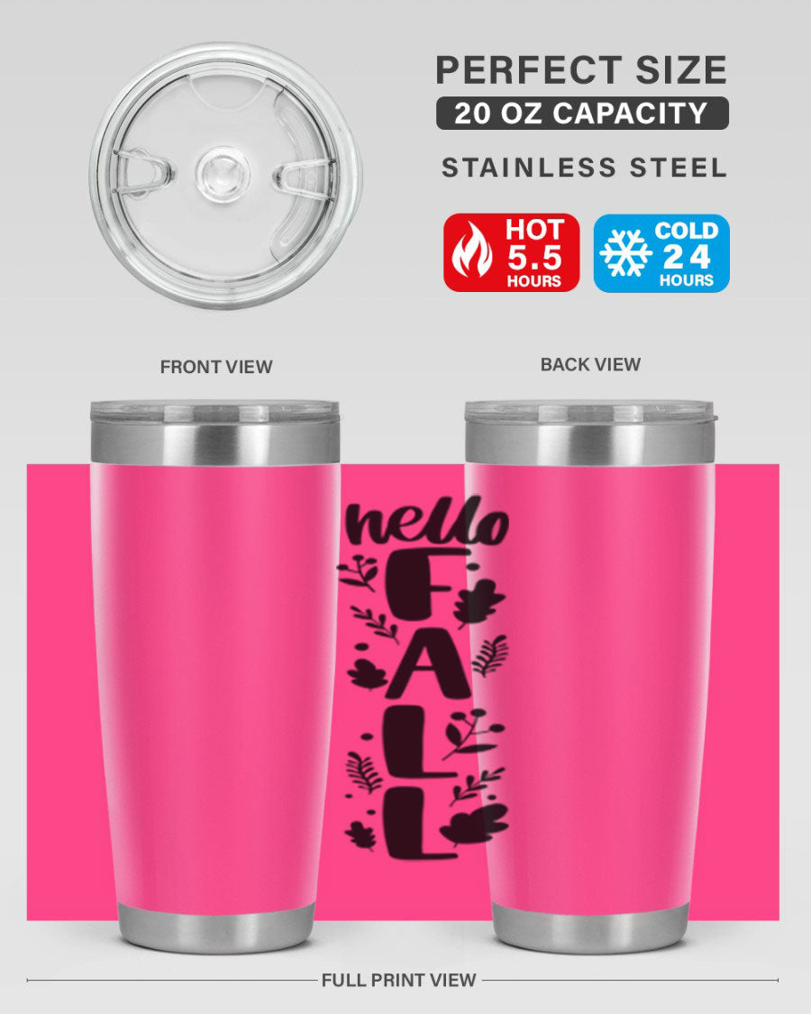 Hello Fall 495# 20oz tumbler featuring double wall vacuum stainless steel with copper lining, designed for hot and cold beverages.