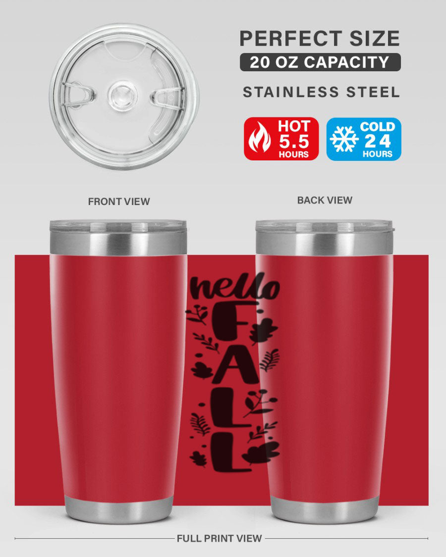 Hello Fall 495# 20oz tumbler featuring double wall vacuum stainless steel with copper lining, designed for hot and cold beverages.