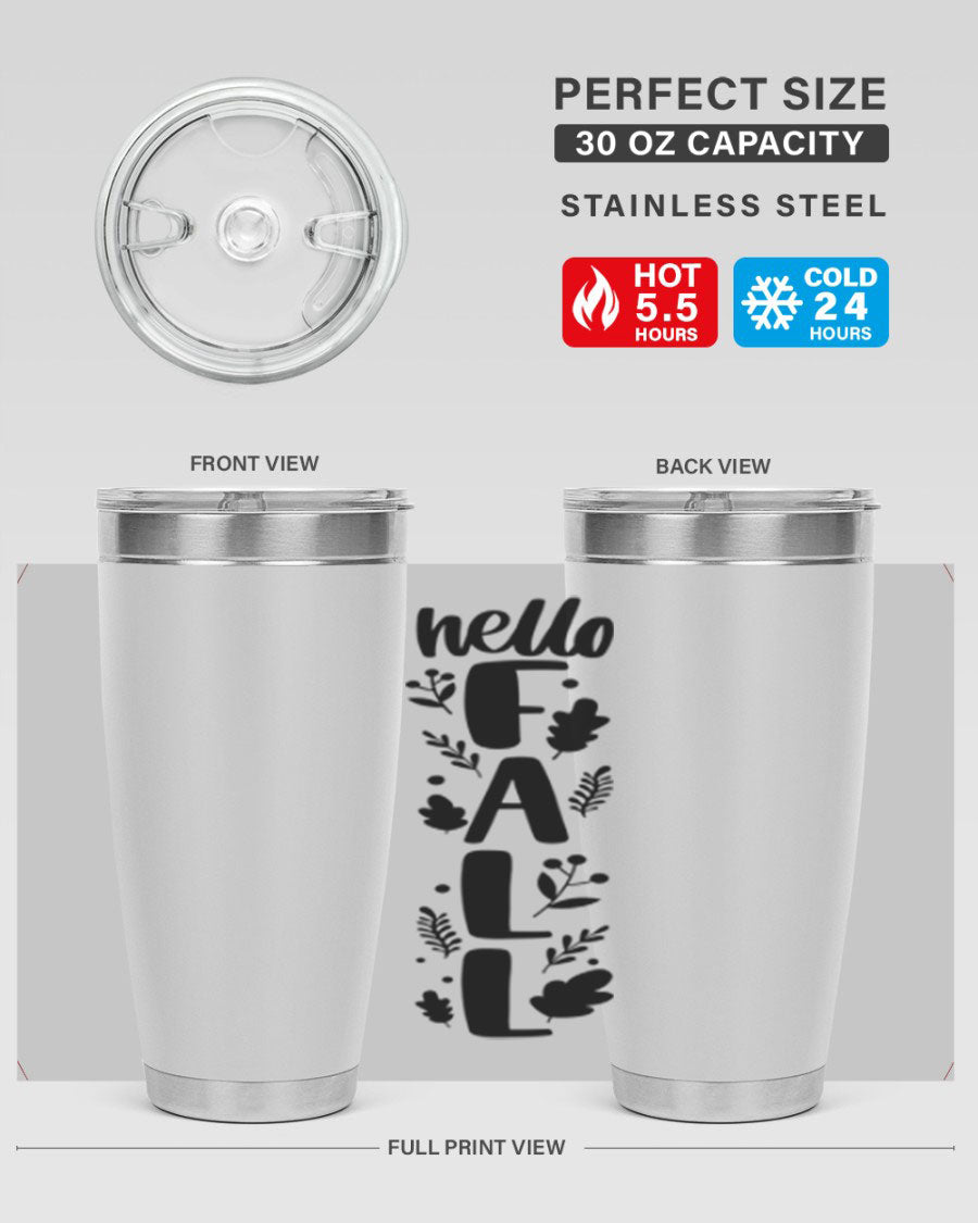Hello Fall 495# 20oz tumbler featuring double wall vacuum stainless steel with copper lining, designed for hot and cold beverages.