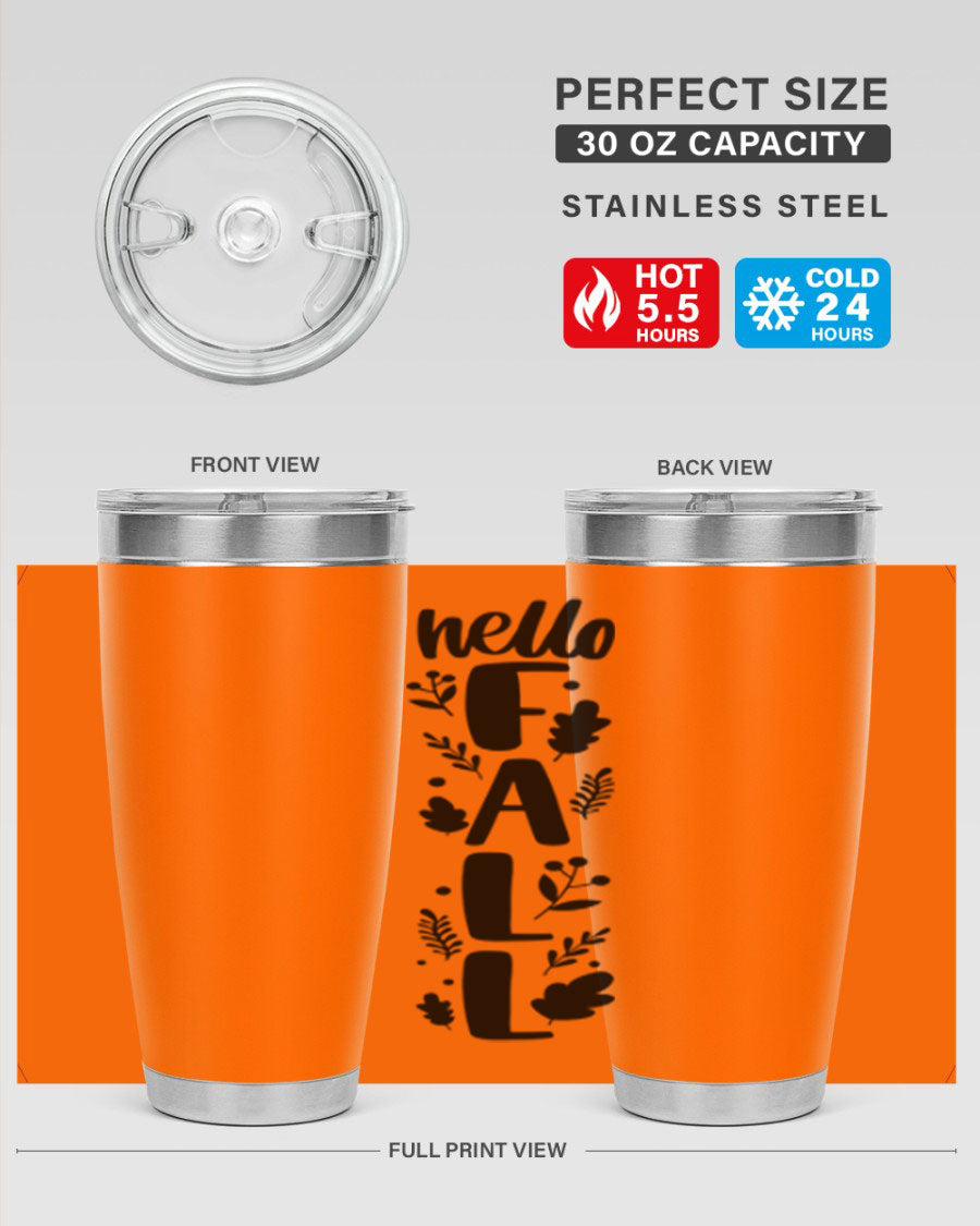Hello Fall 495# 20oz tumbler featuring double wall vacuum stainless steel with copper lining, designed for hot and cold beverages.