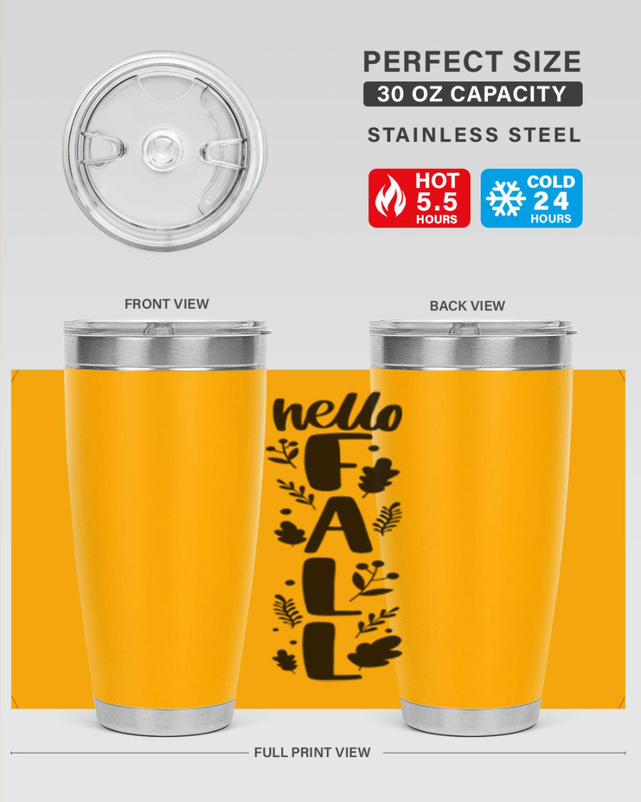 Hello Fall 495# 20oz tumbler featuring double wall vacuum stainless steel with copper lining, designed for hot and cold beverages.