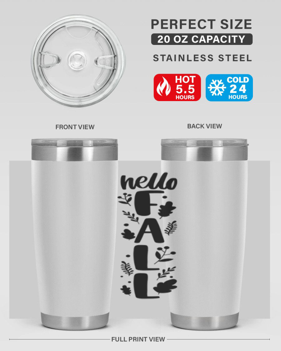 Hello Fall 495# 20oz tumbler featuring double wall vacuum stainless steel with copper lining, designed for hot and cold beverages.