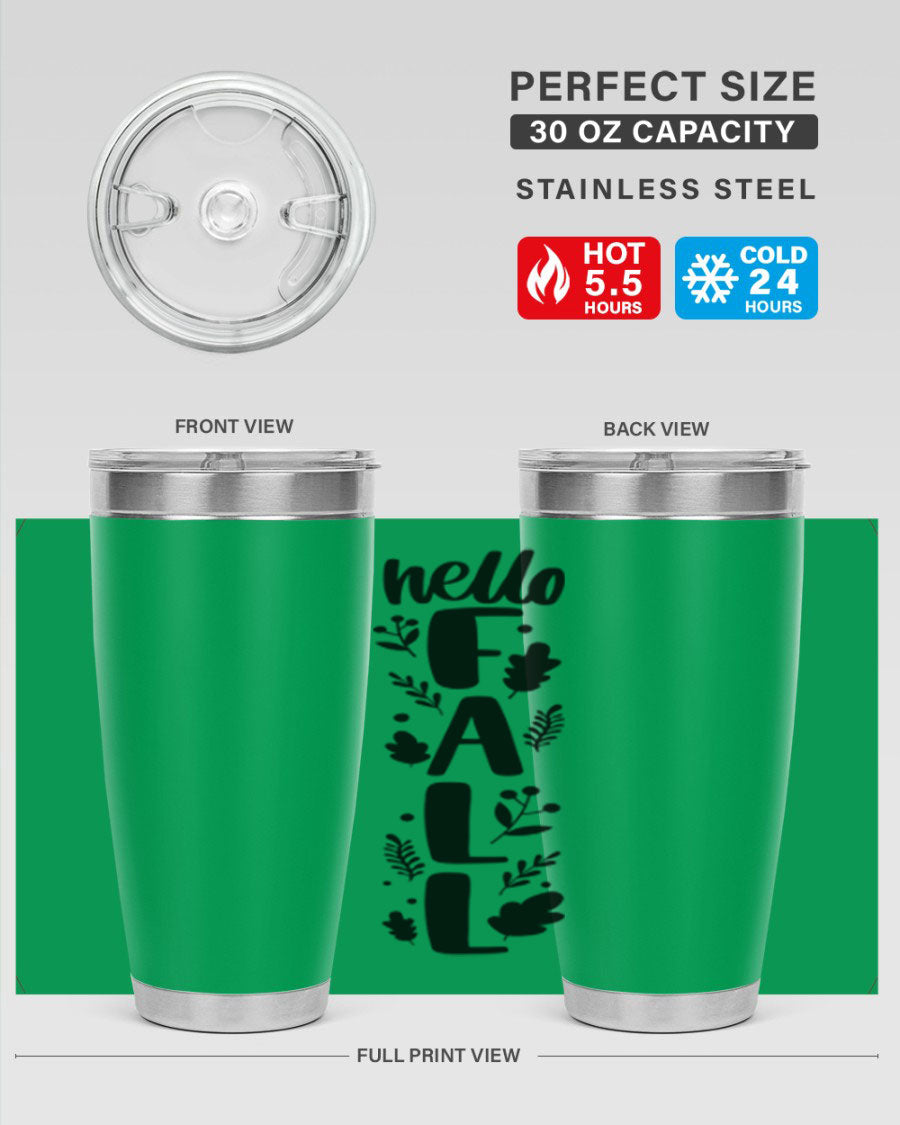 Hello Fall 495# 20oz tumbler featuring double wall vacuum stainless steel with copper lining, designed for hot and cold beverages.