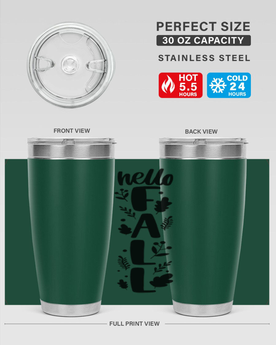Hello Fall 495# 20oz tumbler featuring double wall vacuum stainless steel with copper lining, designed for hot and cold beverages.