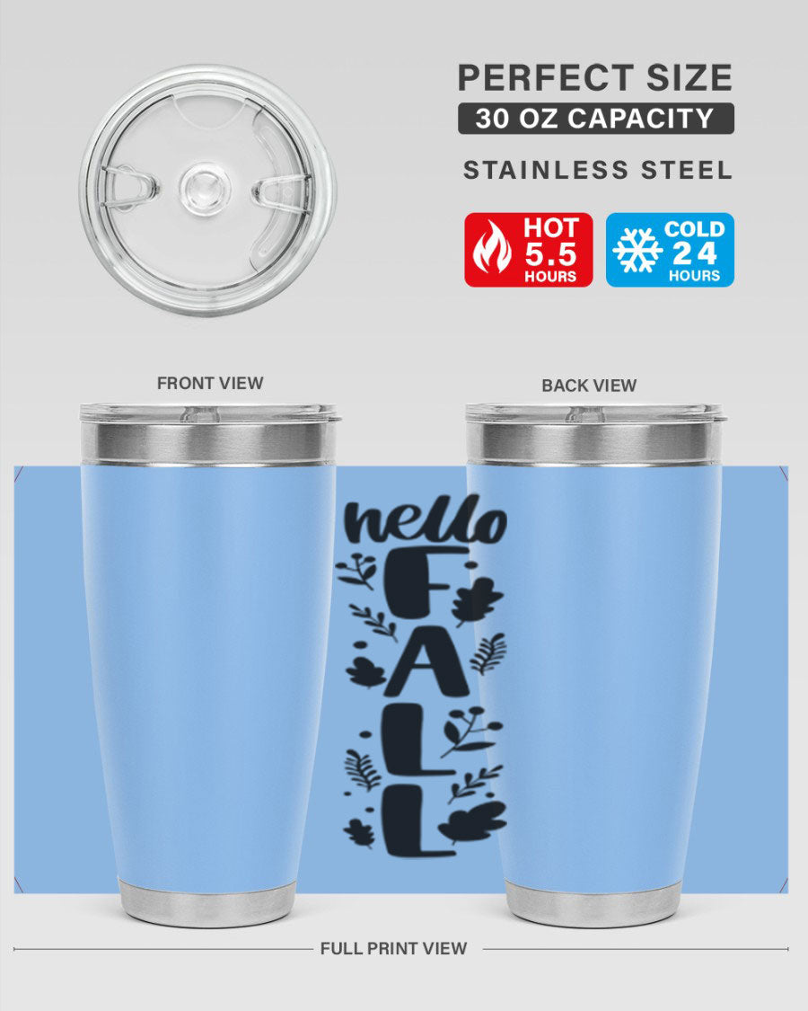 Hello Fall 495# 20oz tumbler featuring double wall vacuum stainless steel with copper lining, designed for hot and cold beverages.