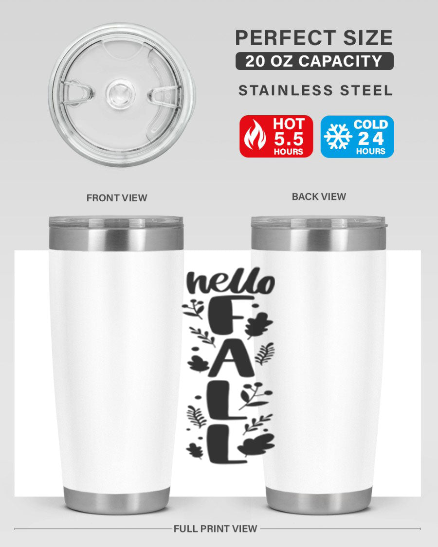 Hello Fall 495# 20oz tumbler featuring double wall vacuum stainless steel with copper lining, designed for hot and cold beverages.