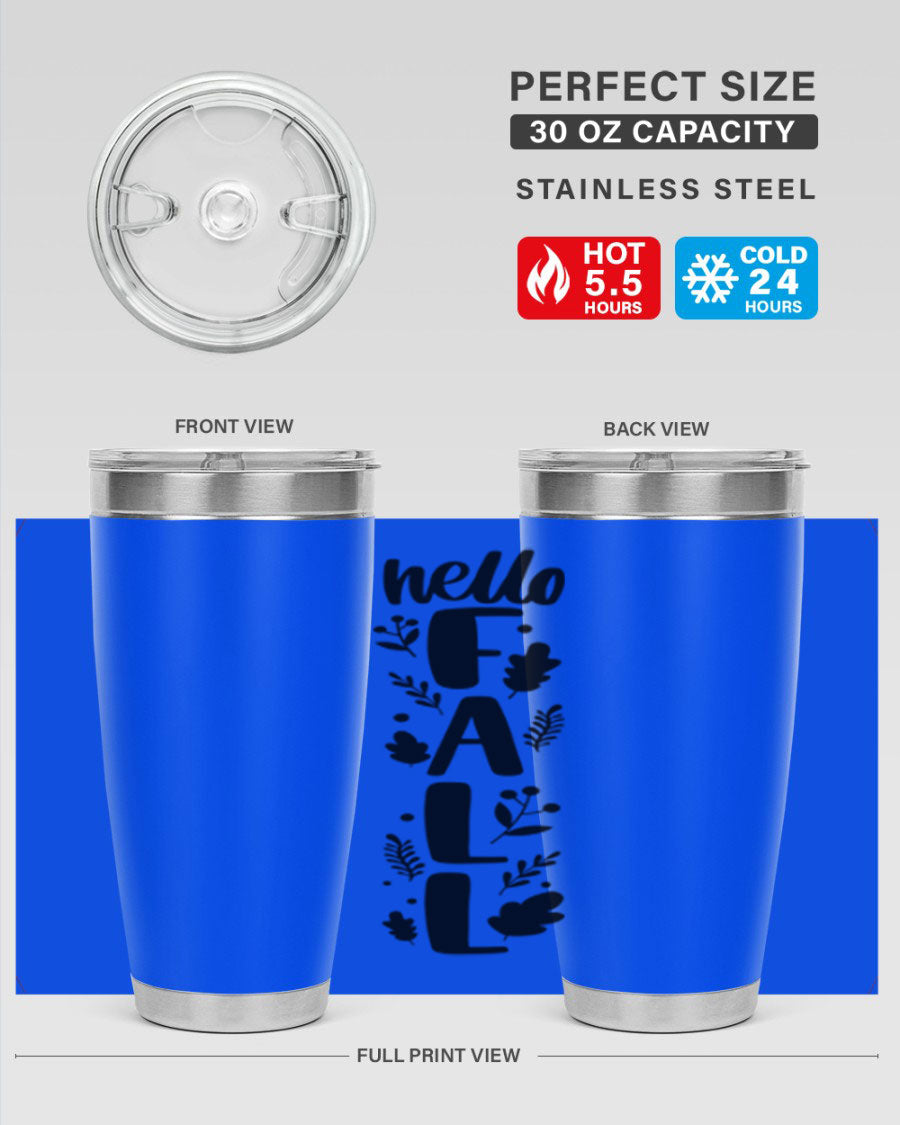Hello Fall 495# 20oz tumbler featuring double wall vacuum stainless steel with copper lining, designed for hot and cold beverages.
