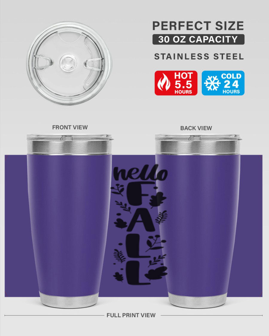 Hello Fall 495# 20oz tumbler featuring double wall vacuum stainless steel with copper lining, designed for hot and cold beverages.