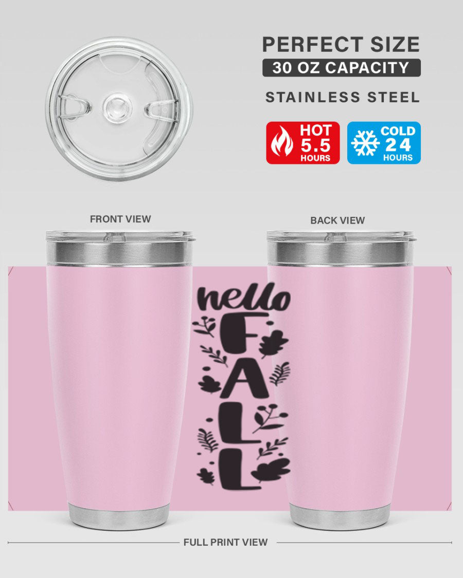Hello Fall 495# 20oz tumbler featuring double wall vacuum stainless steel with copper lining, designed for hot and cold beverages.