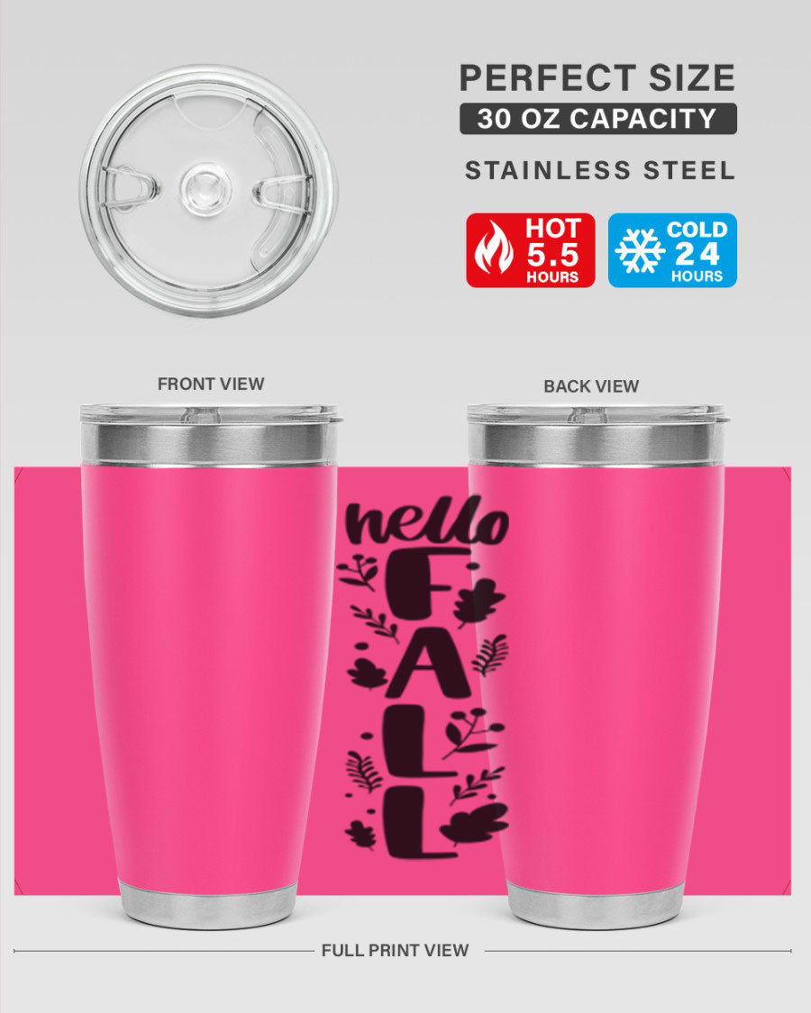 Hello Fall 495# 20oz tumbler featuring double wall vacuum stainless steel with copper lining, designed for hot and cold beverages.