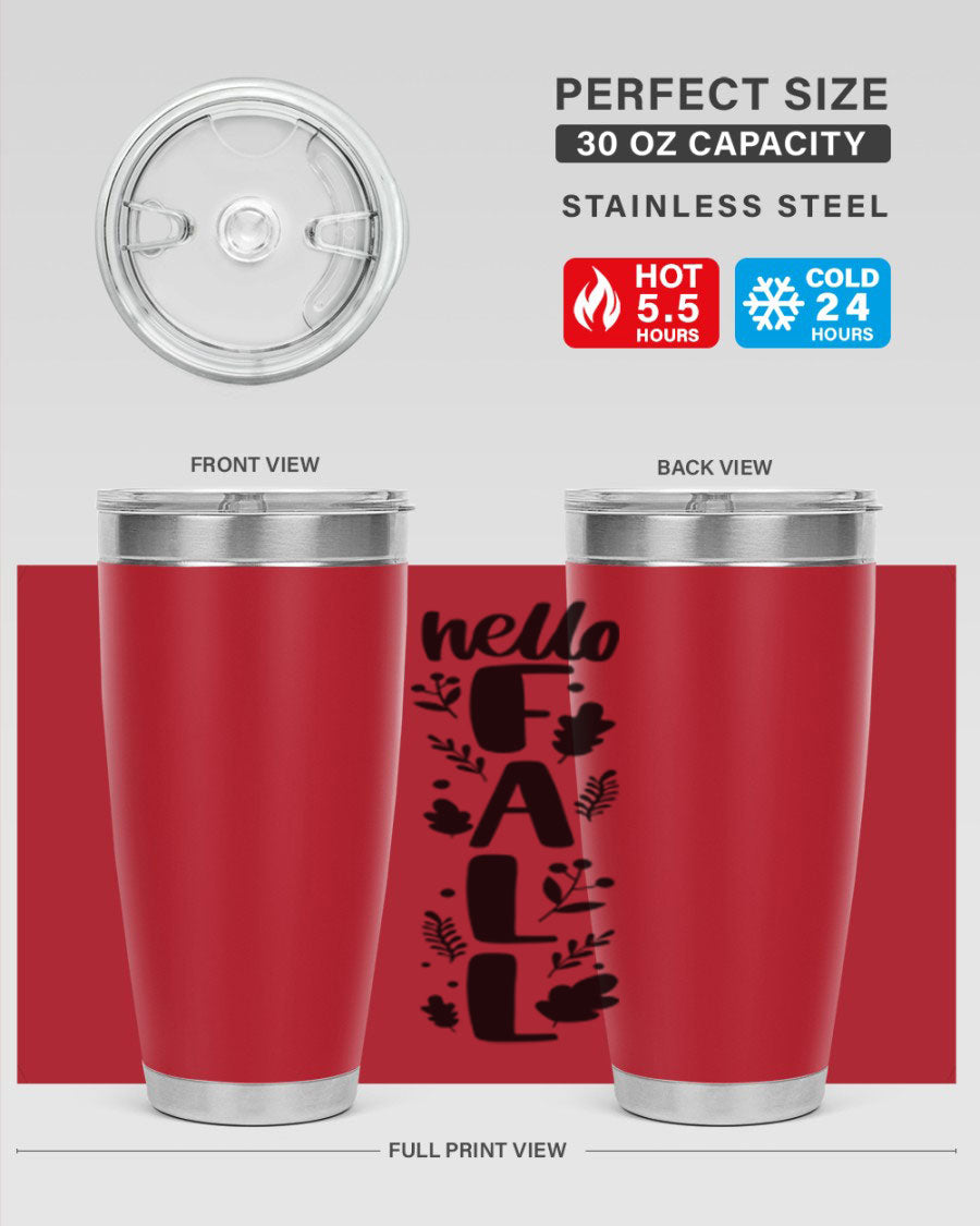 Hello Fall 495# 20oz tumbler featuring double wall vacuum stainless steel with copper lining, designed for hot and cold beverages.