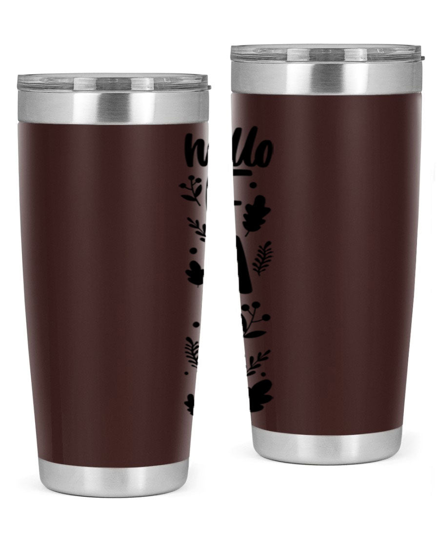 Hello Fall 495# 20oz tumbler featuring double wall vacuum stainless steel with copper lining, designed for hot and cold beverages.