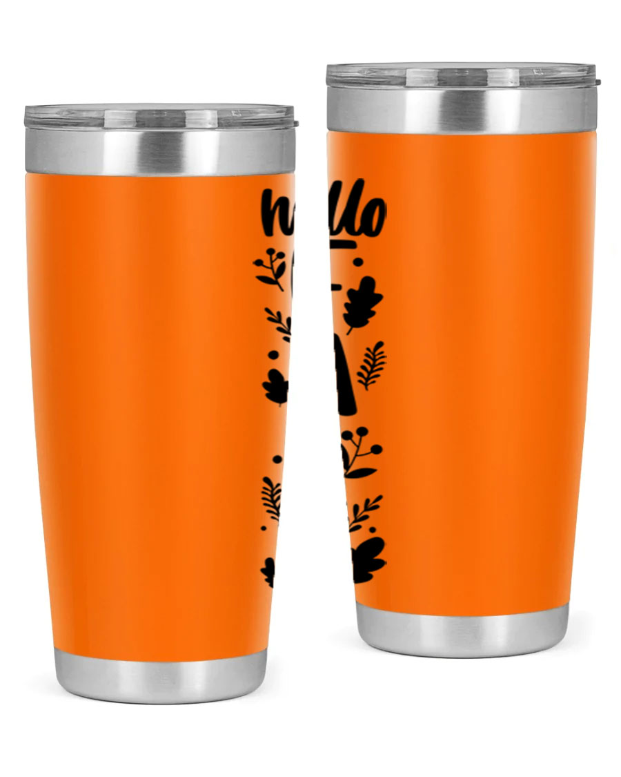Hello Fall 495# 20oz tumbler featuring double wall vacuum stainless steel with copper lining, designed for hot and cold beverages.