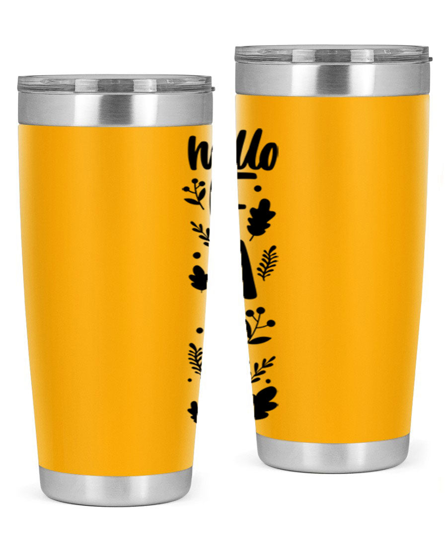 Hello Fall 495# 20oz tumbler featuring double wall vacuum stainless steel with copper lining, designed for hot and cold beverages.