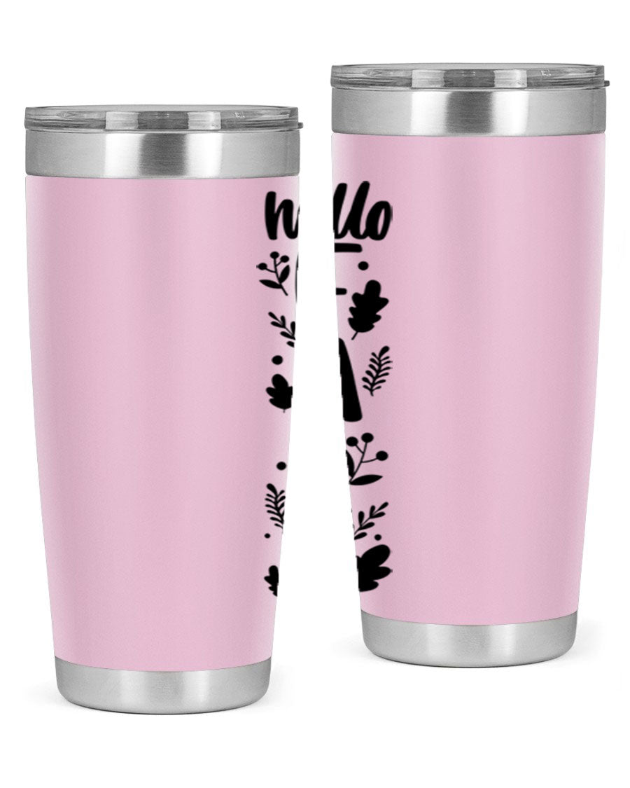Hello Fall 495# 20oz tumbler featuring double wall vacuum stainless steel with copper lining, designed for hot and cold beverages.