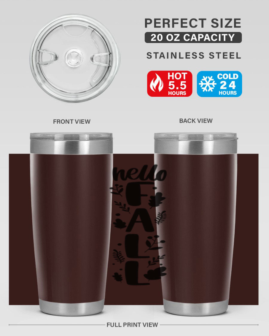 Hello Fall 495# 20oz tumbler featuring double wall vacuum stainless steel with copper lining, designed for hot and cold beverages.