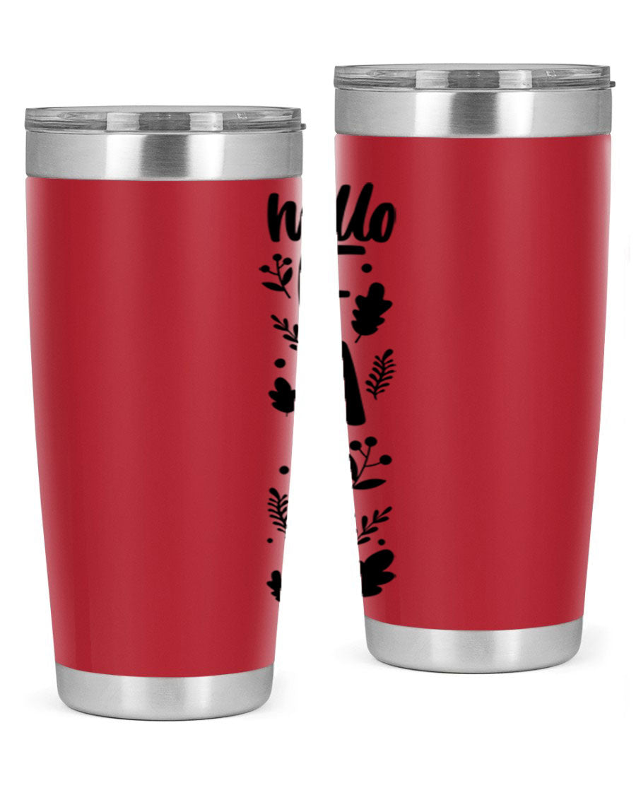 Hello Fall 495# 20oz tumbler featuring double wall vacuum stainless steel with copper lining, designed for hot and cold beverages.