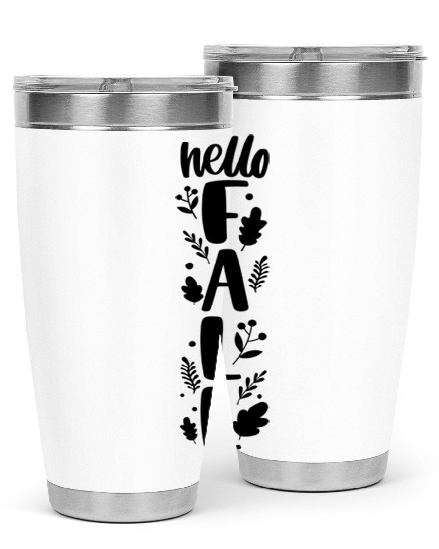 Hello Fall 495# 20oz tumbler featuring double wall vacuum stainless steel with copper lining, designed for hot and cold beverages.