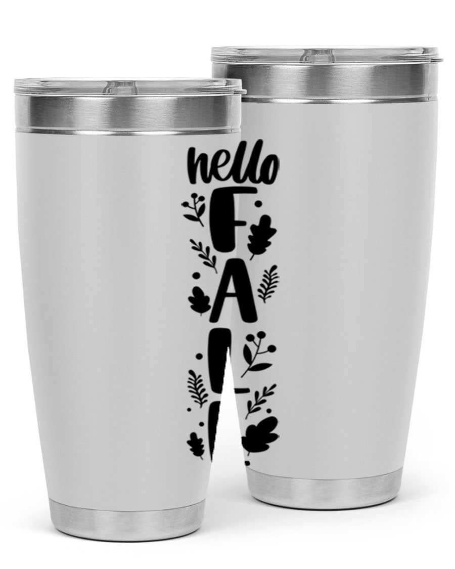 Hello Fall 495# 20oz tumbler featuring double wall vacuum stainless steel with copper lining, designed for hot and cold beverages.