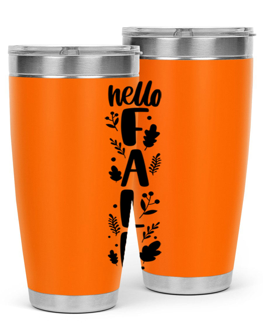 Hello Fall 495# 20oz tumbler featuring double wall vacuum stainless steel with copper lining, designed for hot and cold beverages.