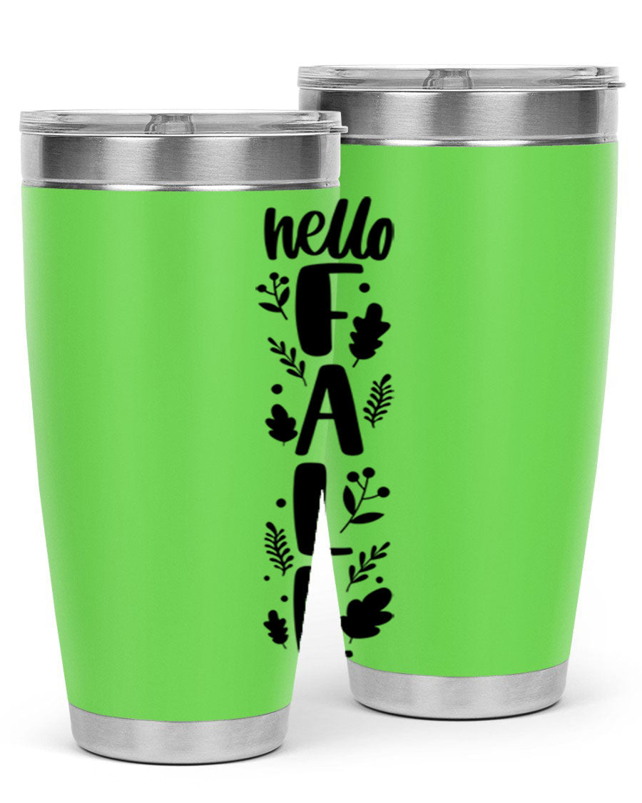 Hello Fall 495# 20oz tumbler featuring double wall vacuum stainless steel with copper lining, designed for hot and cold beverages.