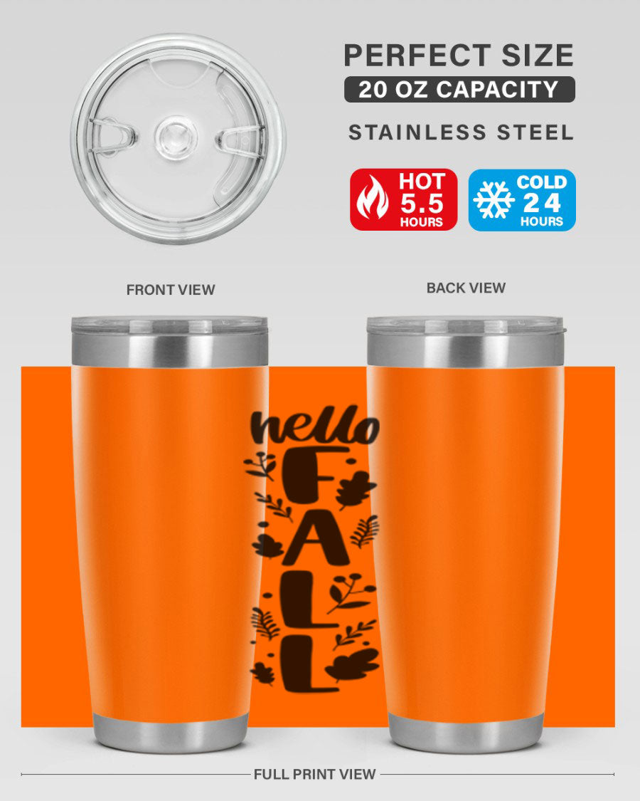 Hello Fall 495# 20oz tumbler featuring double wall vacuum stainless steel with copper lining, designed for hot and cold beverages.