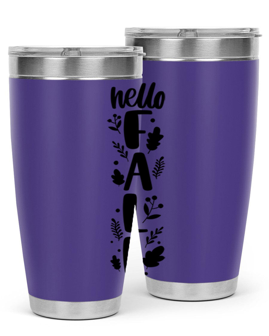Hello Fall 495# 20oz tumbler featuring double wall vacuum stainless steel with copper lining, designed for hot and cold beverages.