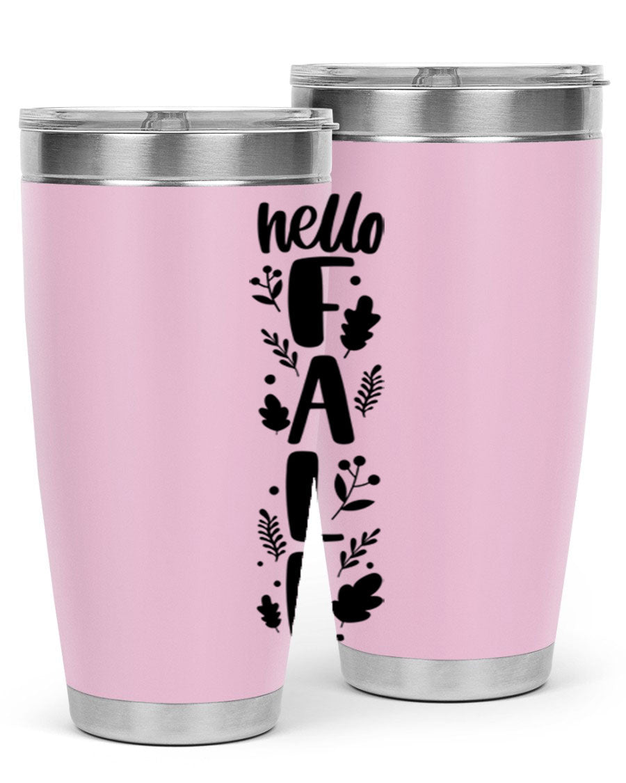 Hello Fall 495# 20oz tumbler featuring double wall vacuum stainless steel with copper lining, designed for hot and cold beverages.
