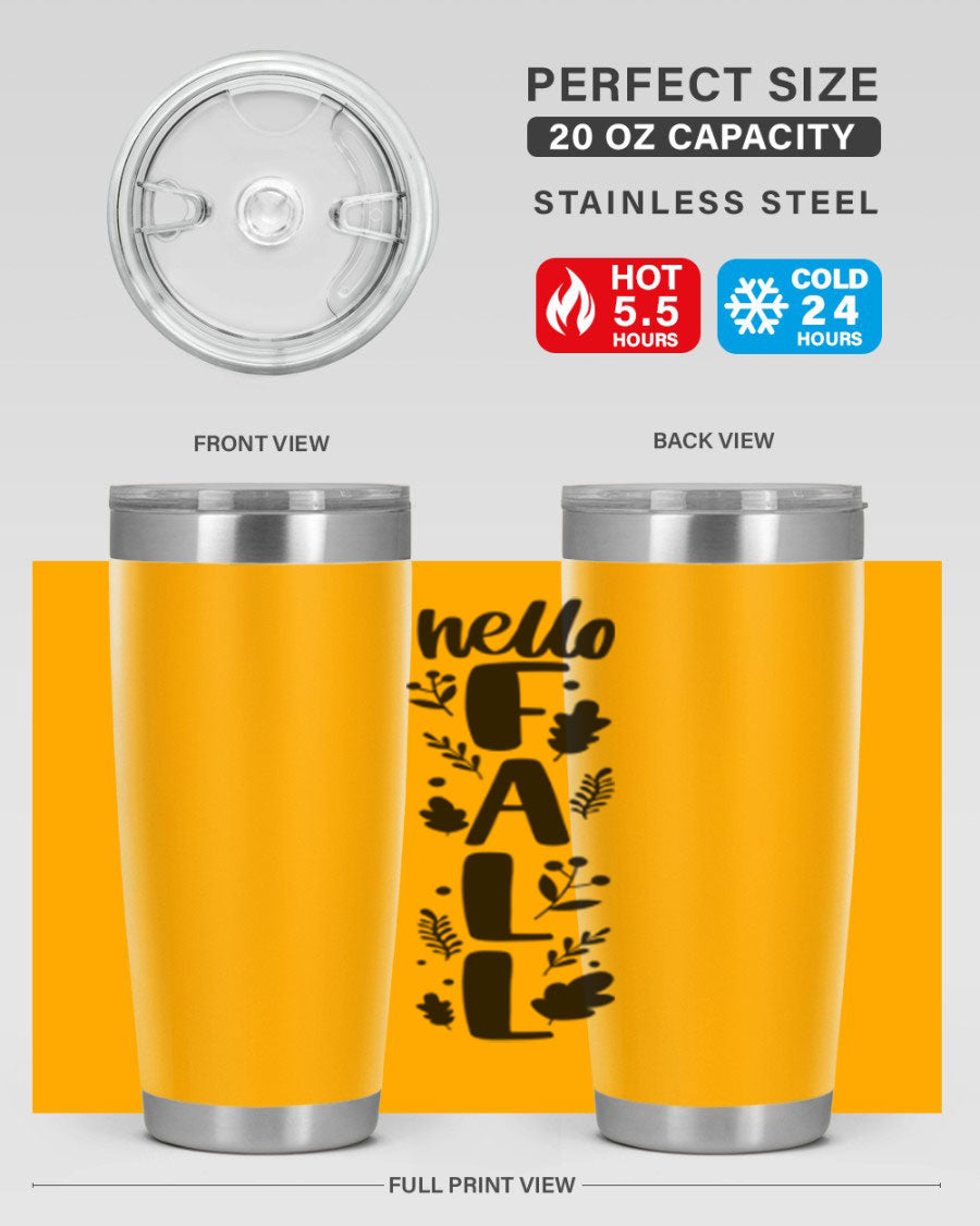 Hello Fall 495# 20oz tumbler featuring double wall vacuum stainless steel with copper lining, designed for hot and cold beverages.