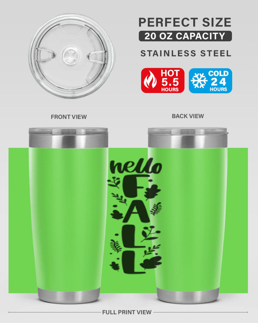 Hello Fall 495# 20oz tumbler featuring double wall vacuum stainless steel with copper lining, designed for hot and cold beverages.
