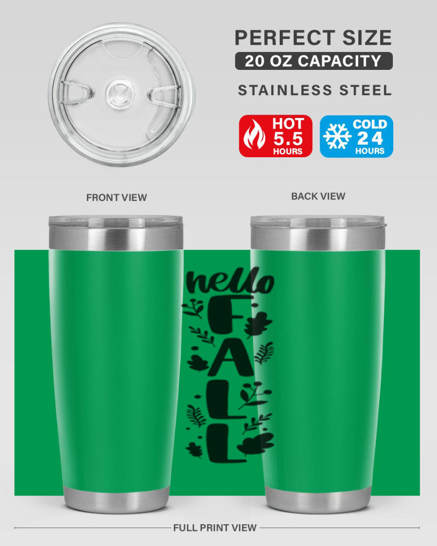 Hello Fall 495# 20oz tumbler featuring double wall vacuum stainless steel with copper lining, designed for hot and cold beverages.