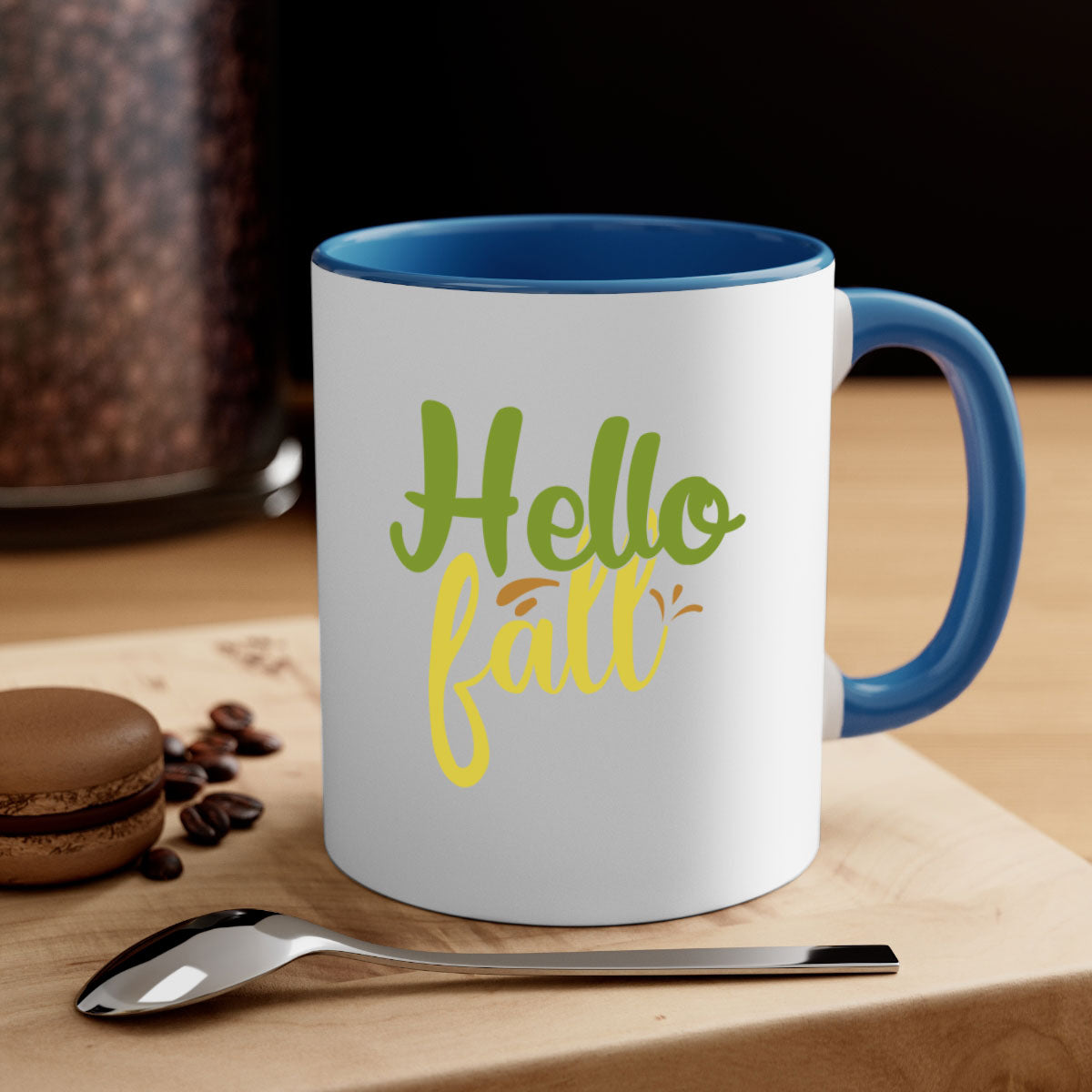 Hello Fall Mug featuring a two-tone design with a colored handle and glossy finish, available in multiple colors.