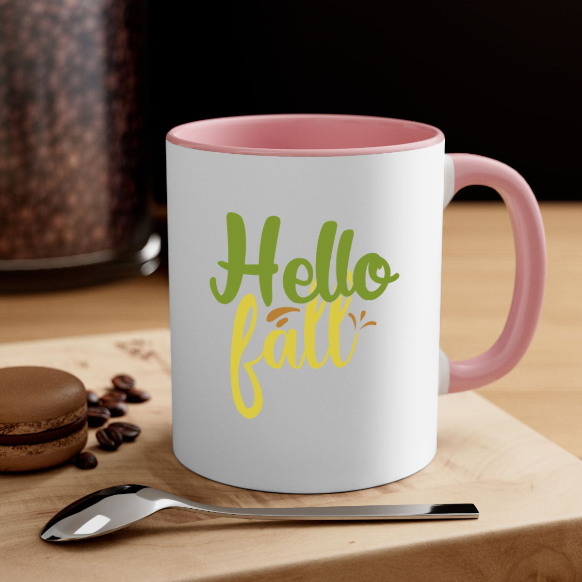 Hello Fall Mug featuring a two-tone design with a colored handle and glossy finish, available in multiple colors.