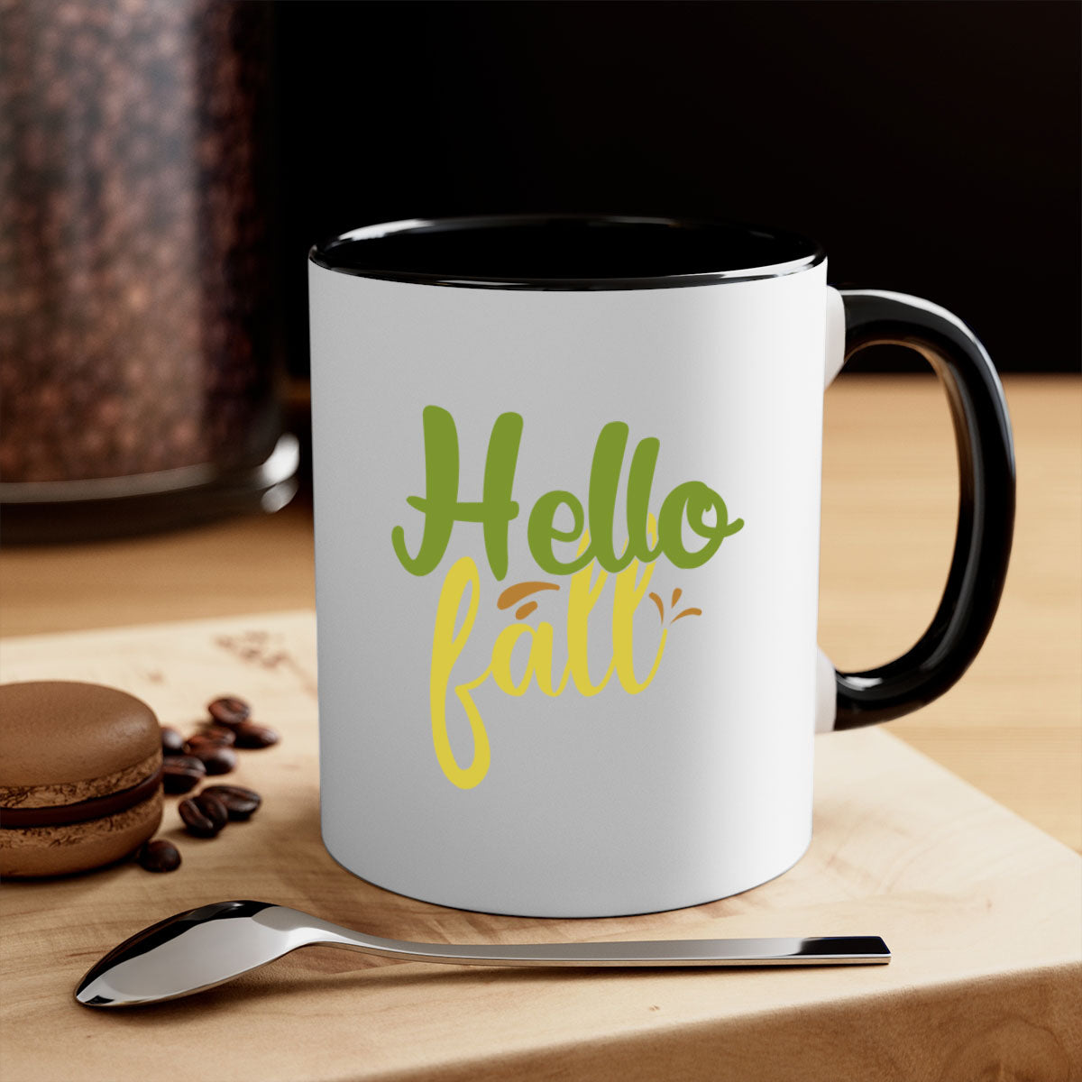Hello Fall Mug featuring a two-tone design with a colored handle and glossy finish, available in multiple colors.