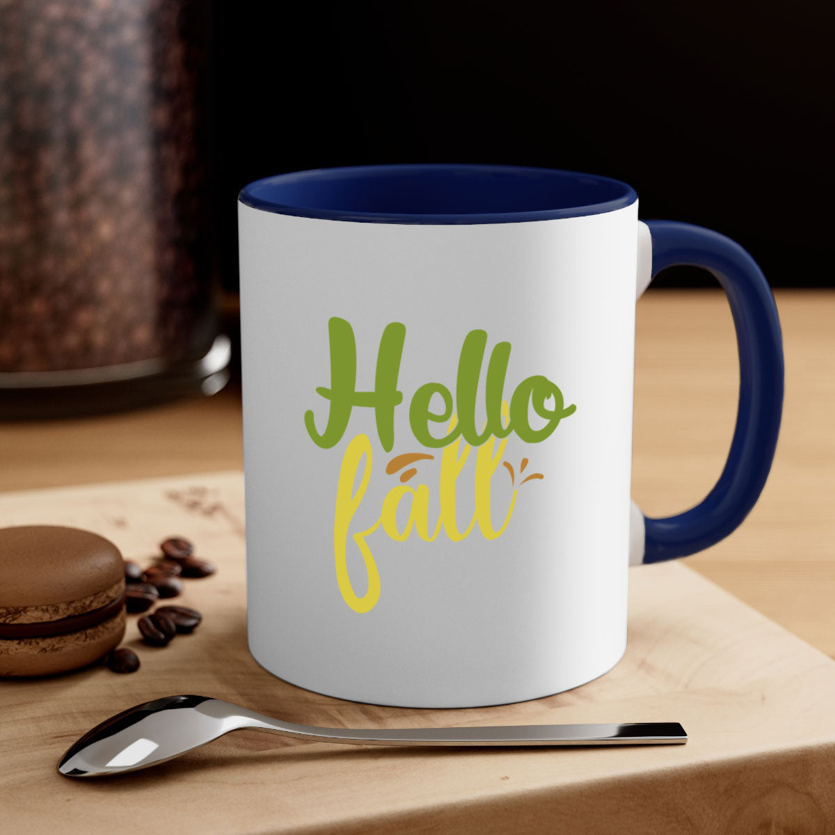 Hello Fall Mug featuring a two-tone design with a colored handle and glossy finish, available in multiple colors.
