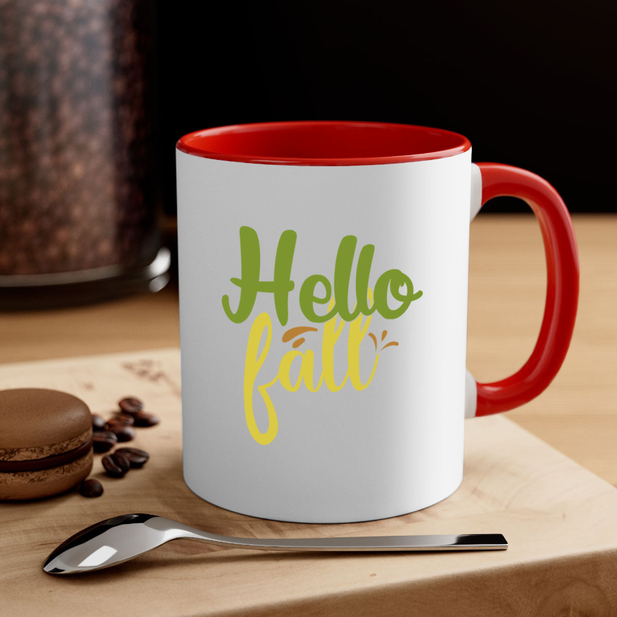 Hello Fall Mug featuring a two-tone design with a colored handle and glossy finish, available in multiple colors.