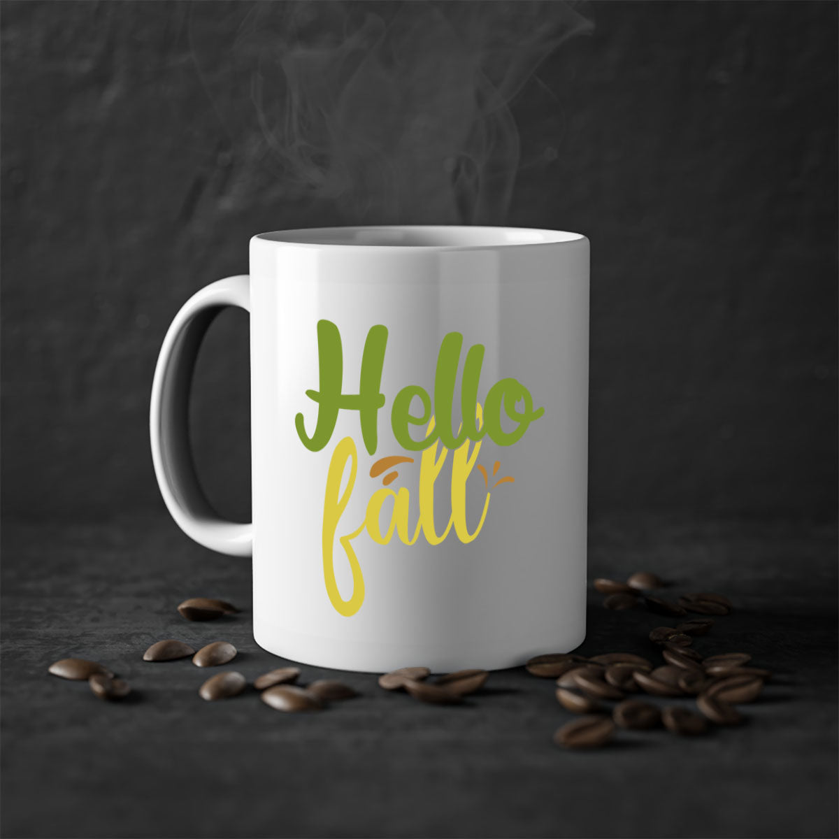 Hello Fall Mug featuring a two-tone design with a colored handle and glossy finish, available in multiple colors.