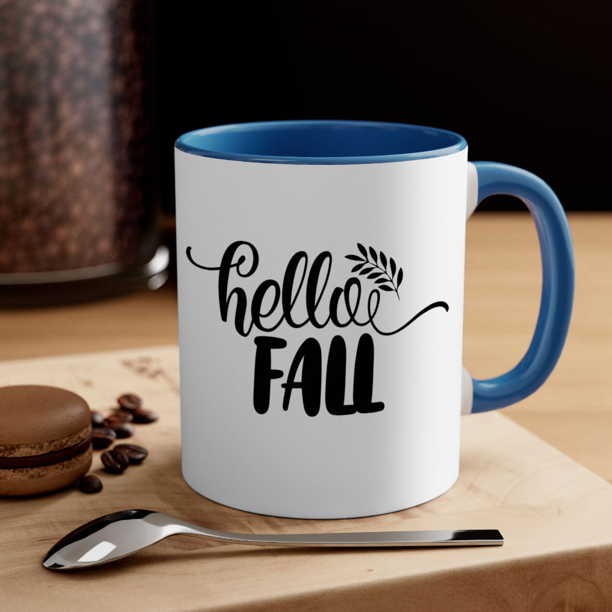 Hello Fall Thanksgiving Mug with a glossy finish, featuring a colored handle and interior, available in multiple colors.