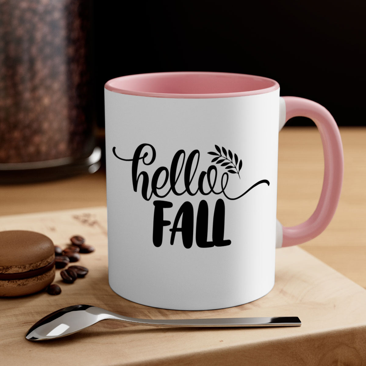 Hello Fall Thanksgiving Mug with a glossy finish, featuring a colored handle and interior, available in multiple colors.